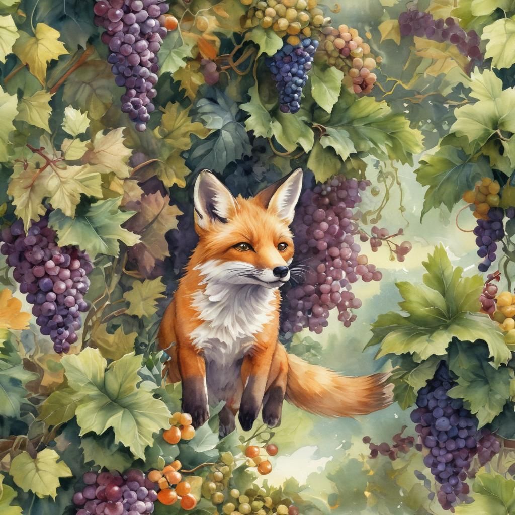 A Whimsical Fox Leaps for Grapes in a Vibrant Vineyard