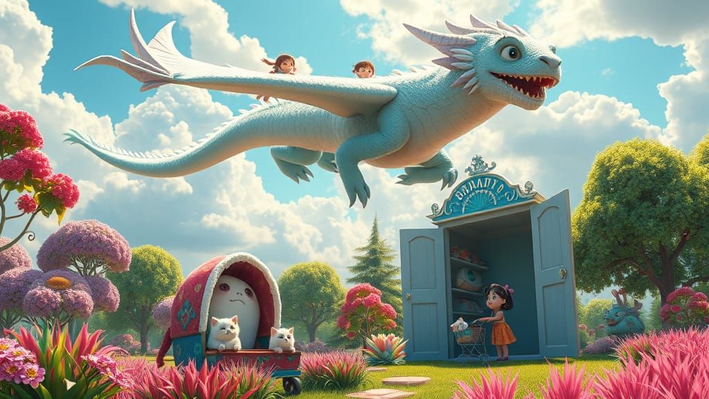 Colossal Dragon with Children in Dreamlike Style