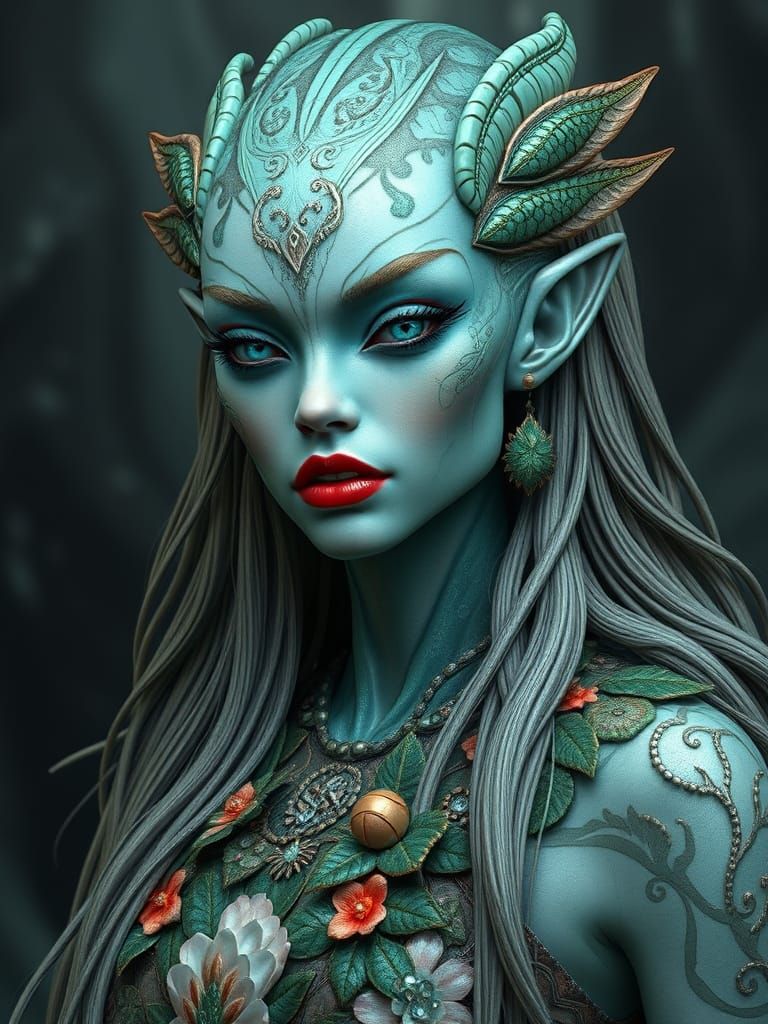 Alien Rainforest Goddess Portrait in Hyperrealistic Style