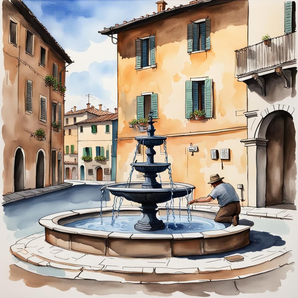 Italian Village Scene with Artist at Work