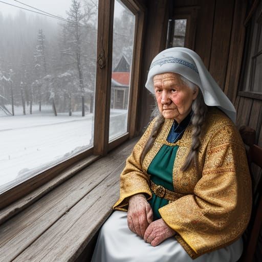 Warm Winter Scene in Traditional Russian Folk Art Style