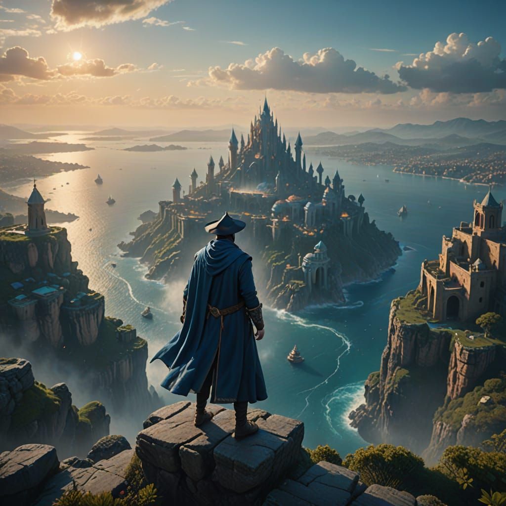 Fantasy Blue Mage Stands on Cliff Overlooking Ancient City o...