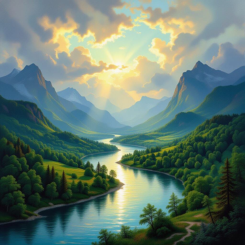 Majestic Mountain Landscape with Ethereal Sunlight