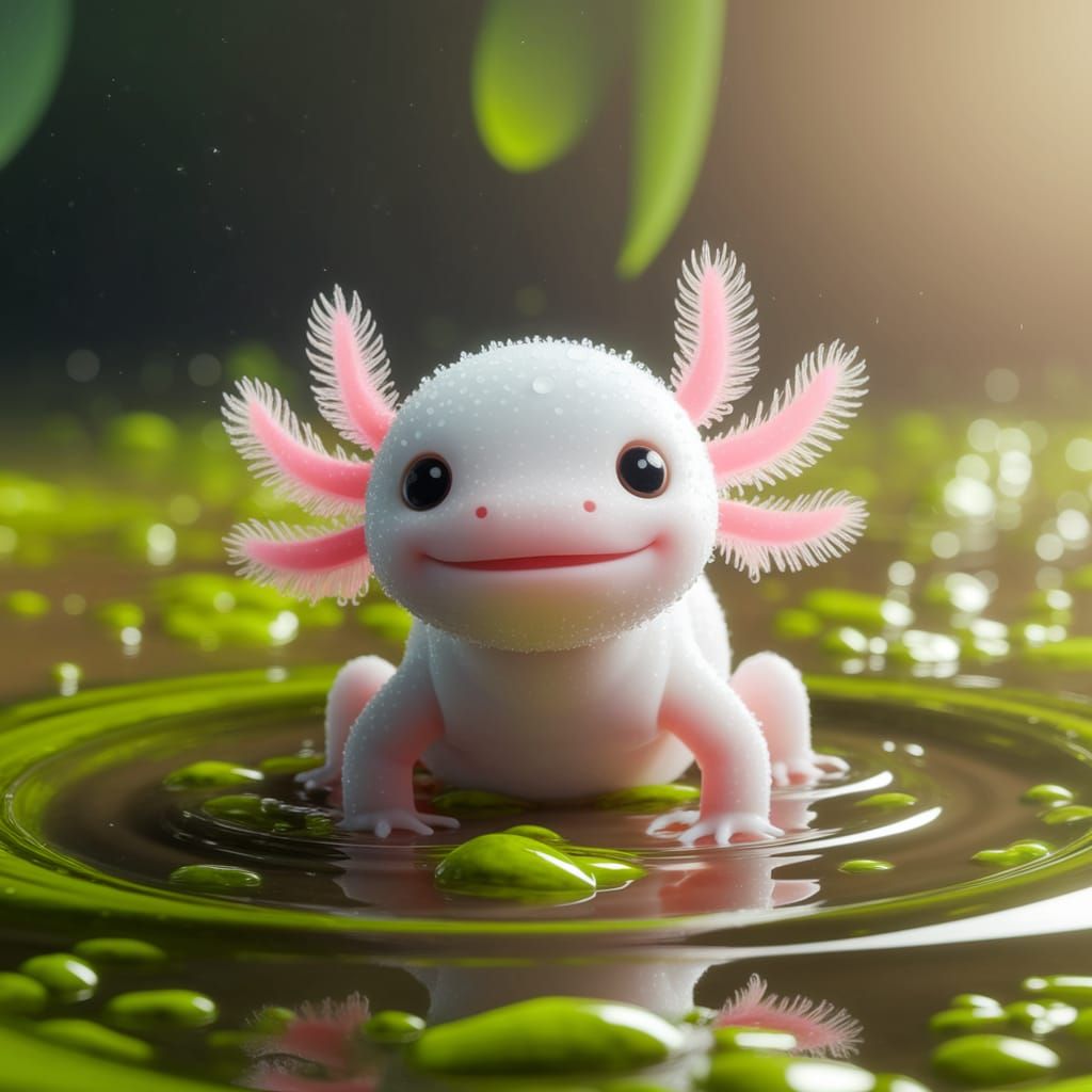 Adorable Baby Axolotl Smiling in a Glowing Pond