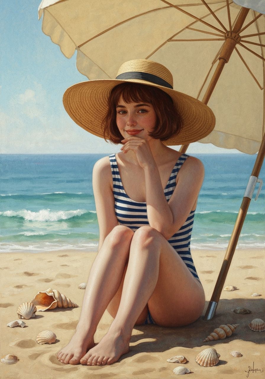 Girl on Beach in 1930s Style with Umbrella