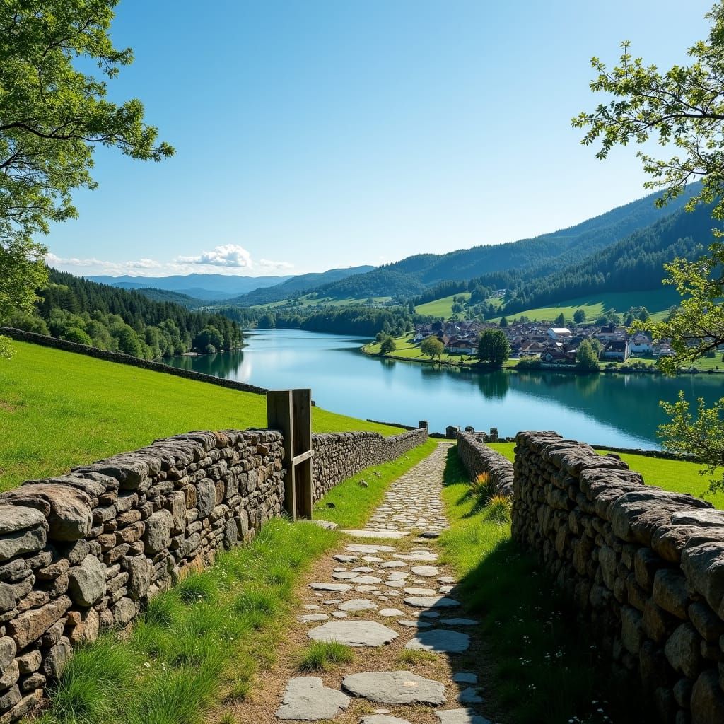 Idyllic Countryside Scene with Serene Lake and Charming Vill...