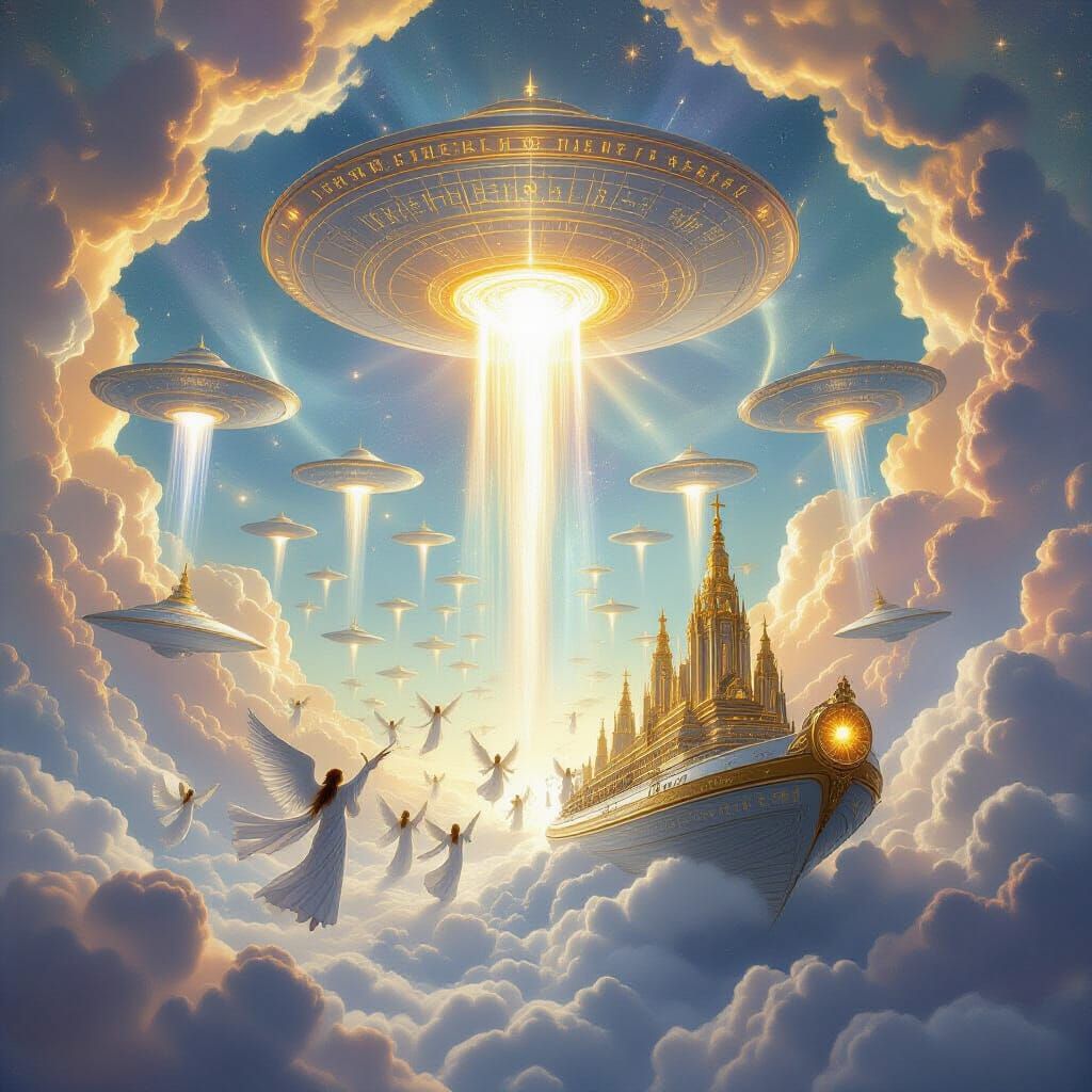 Divine Armada Descends from Swirling Golden Clouds