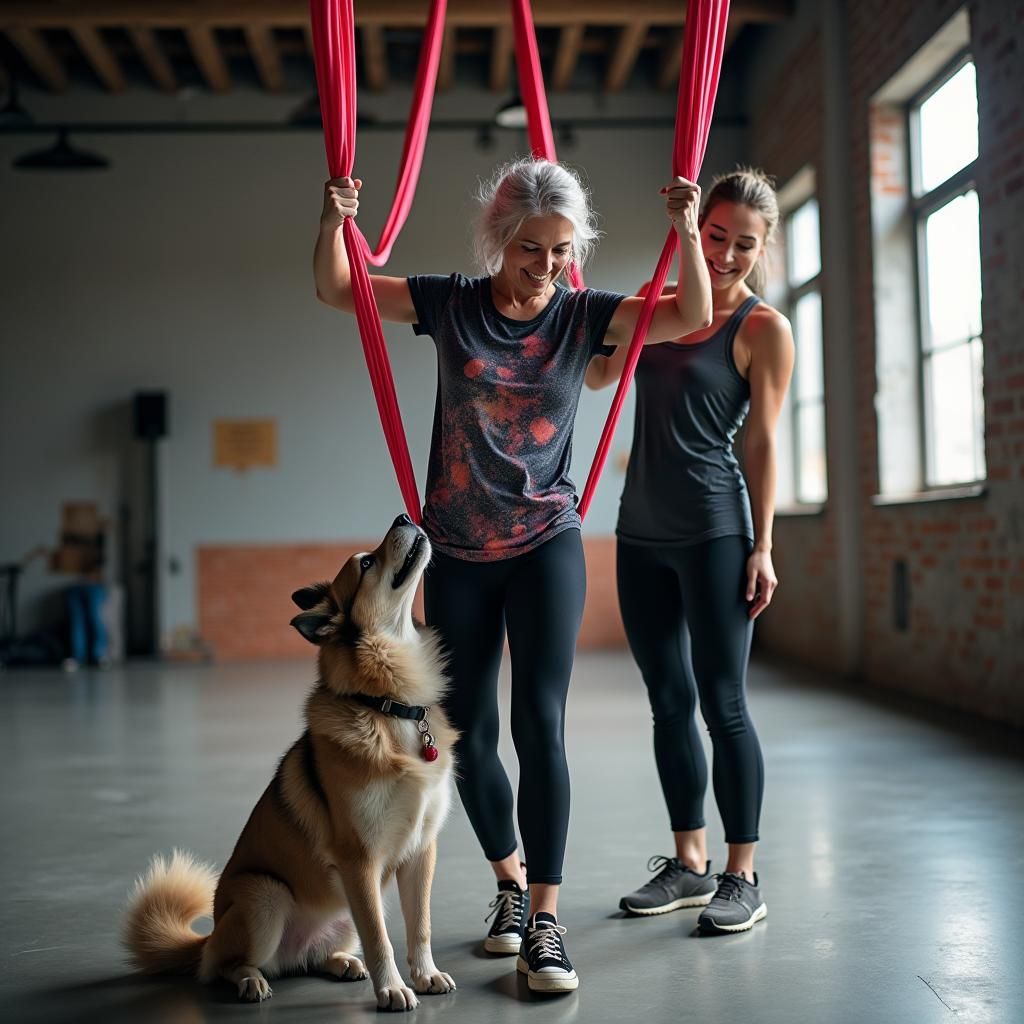 Woman in Bungee Fitness Class with Tangled Alsatian Dog