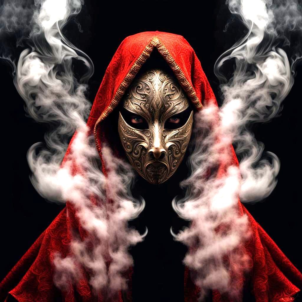 Ethereal Female Wizard Wears Red Wolf Mask in Mysterious Smo...