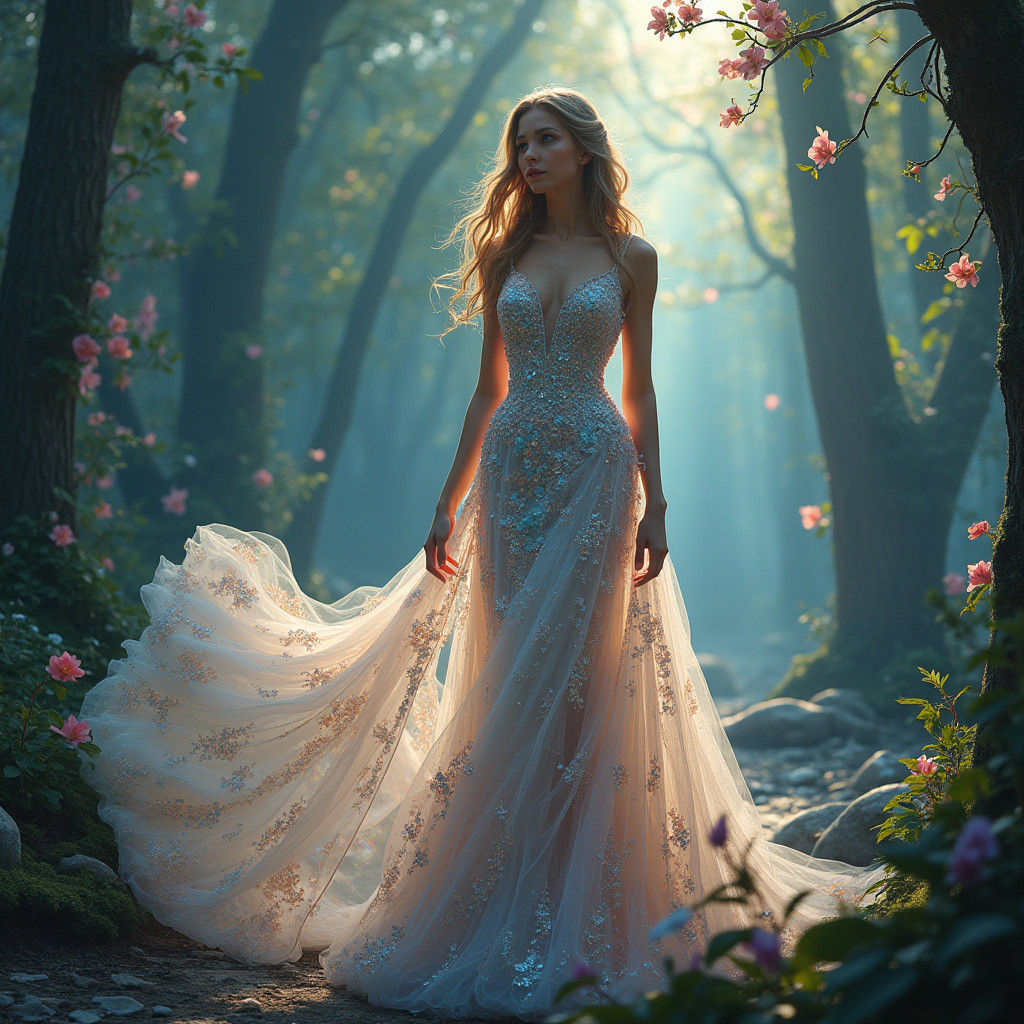 Goddess in a Crystal Gown with Opals and Orchids
