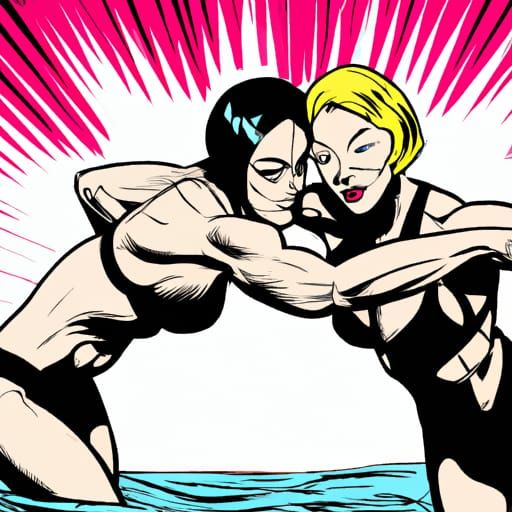 Women Wrestling in Swimsuits: Comic Book Art