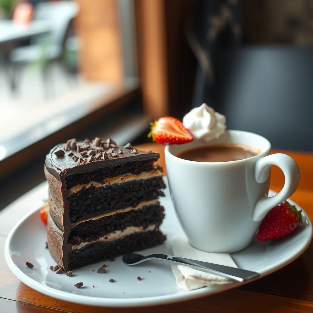 Moody Chocolate Cake and Coffee Scene with Vibrant Colors