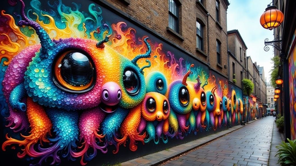 Colorful Caterpillar Graffiti Mural in Abstract Expressionis...