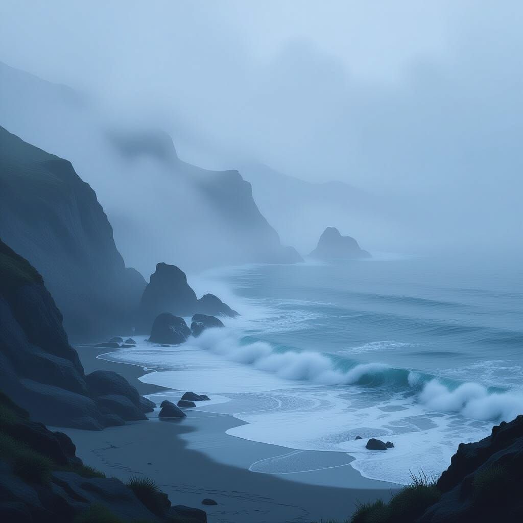 Misty Shoreline Digital Art Concept