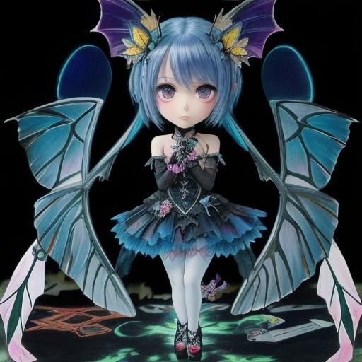 (Chibi sulky  goth fairy with tattered  butterfly winged fai...