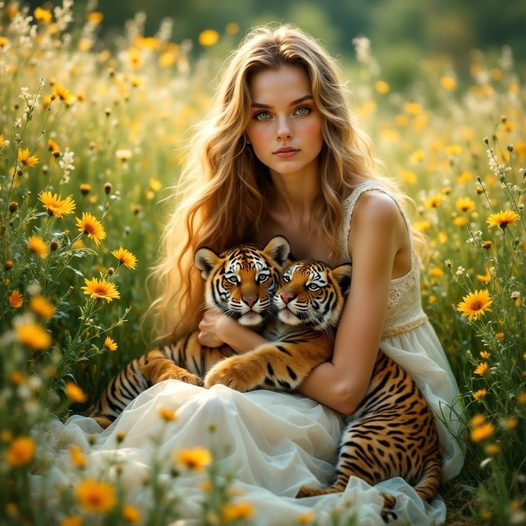 Tender Moment of a Young Woman with Tiger Cubs in a Lush Gre...
