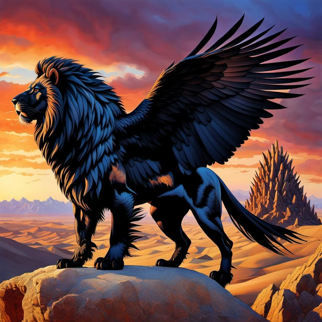 Epic Black Lion Takes Flight in a Spiked Desert Landscape