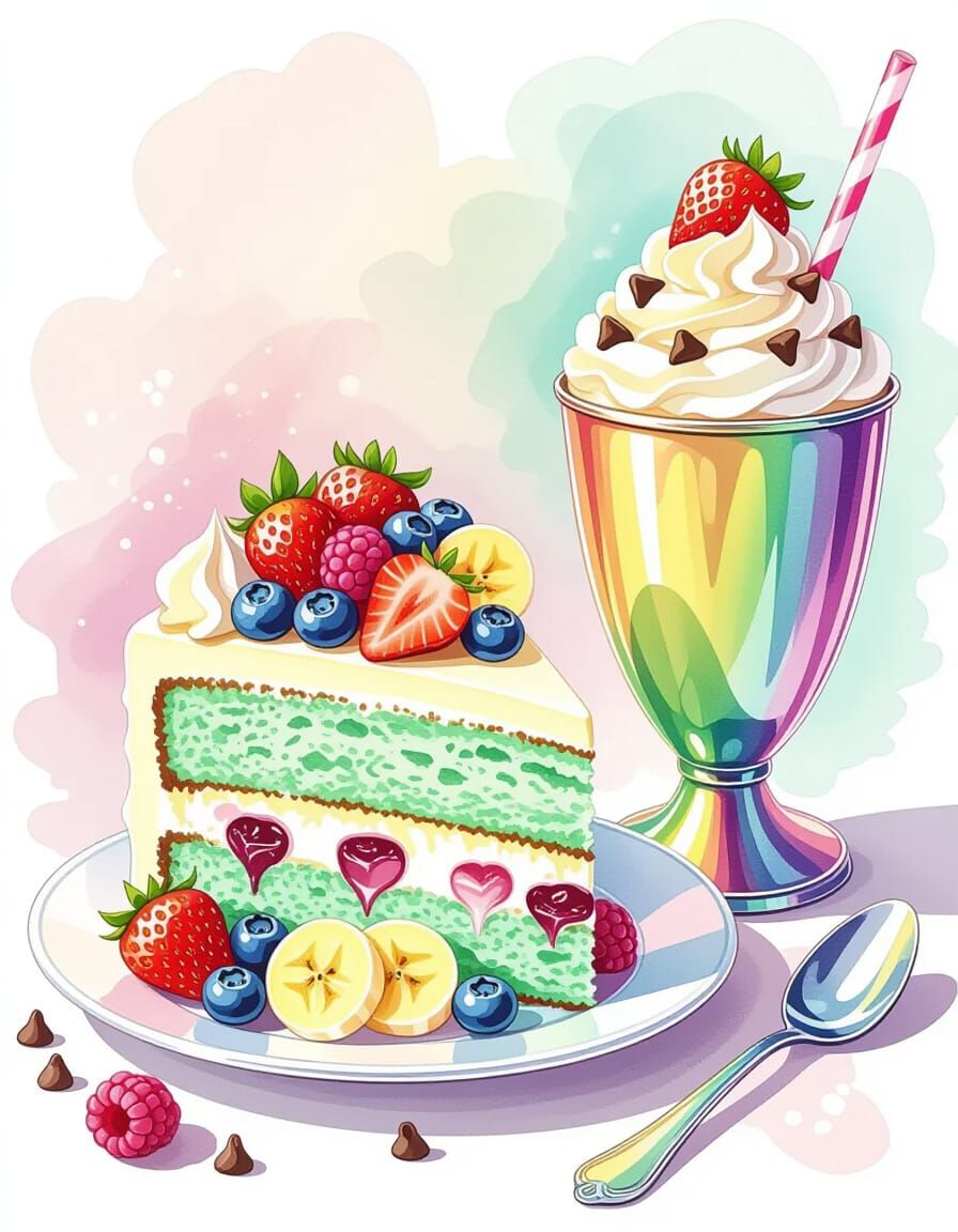 Mint Chocolate Chip Cake & Parfait in Pastel Watercolor Spla...