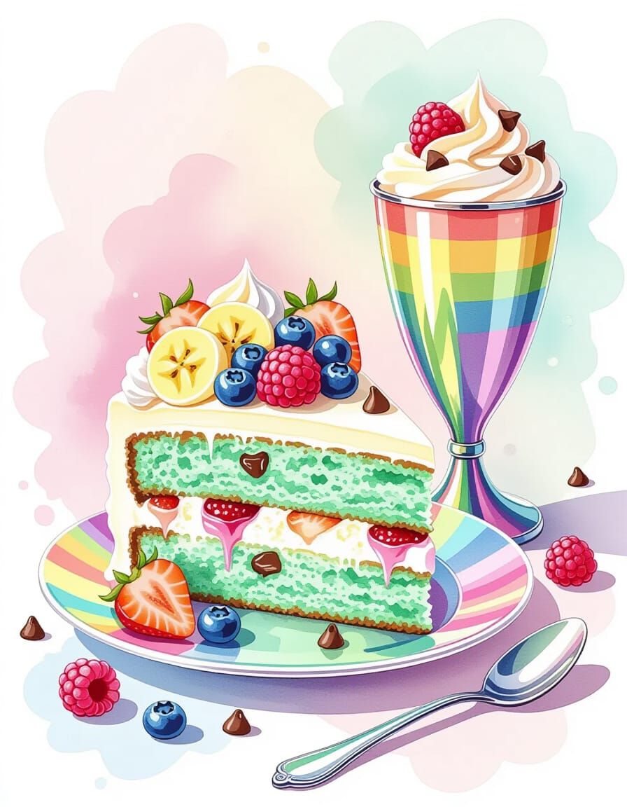 Mint Chocolate Chip Cake Slice with Berries in Pastel Hues