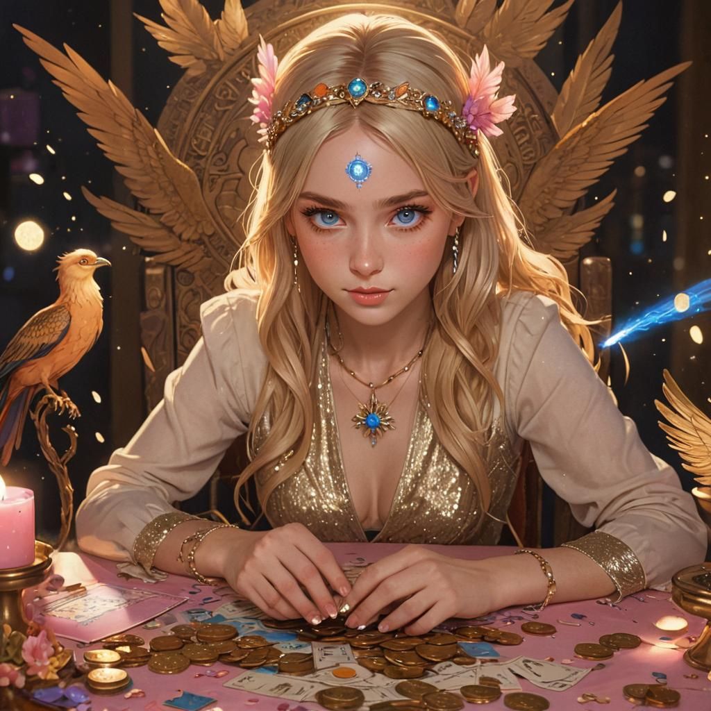 Blonde Tarot Reader Surrounded by Phoenix and Golden Coins i...