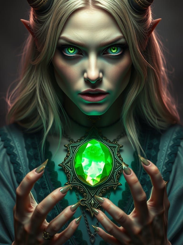 Demonic Blonde Woman with Glowing Amulet, Digital Art