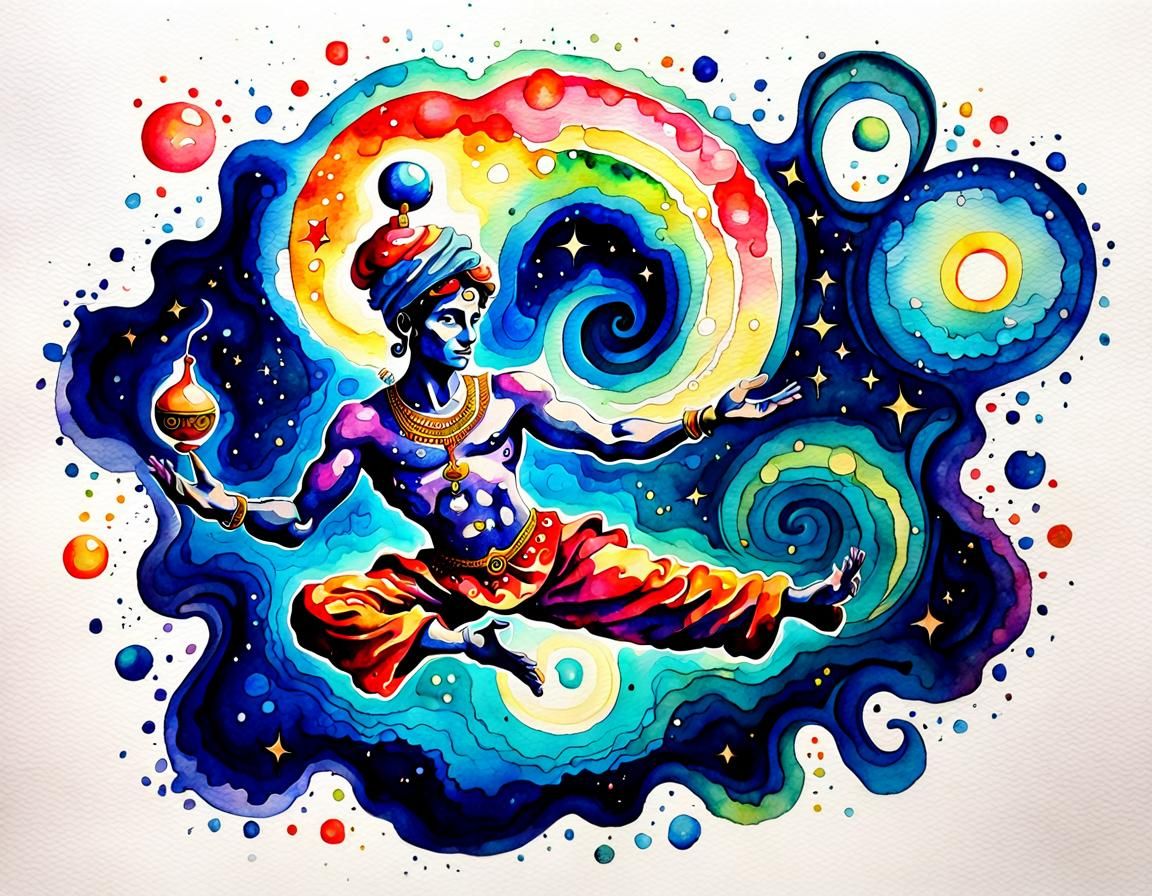 Whimsical Watercolour Genie Radiates Colourful Energy