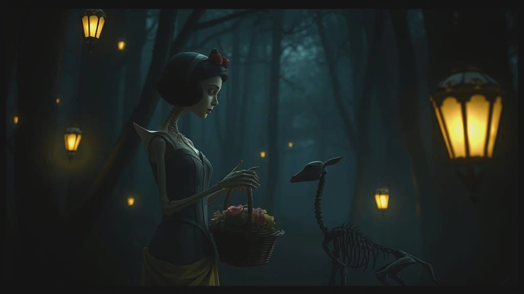 Skeletal Snow White and Fawn in Dark Enchanted Forest