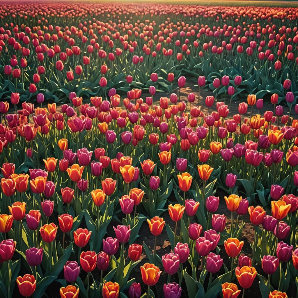 Vibrant Sunrise Tulip Field in Fantastical Abstract Art