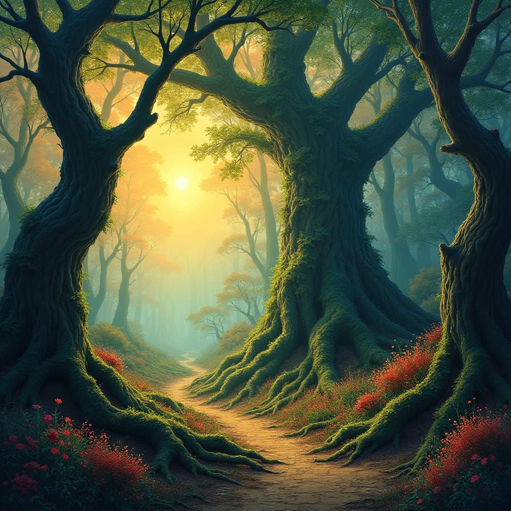 Mystical Forest Realm in Vibrant, Matte Painted Style