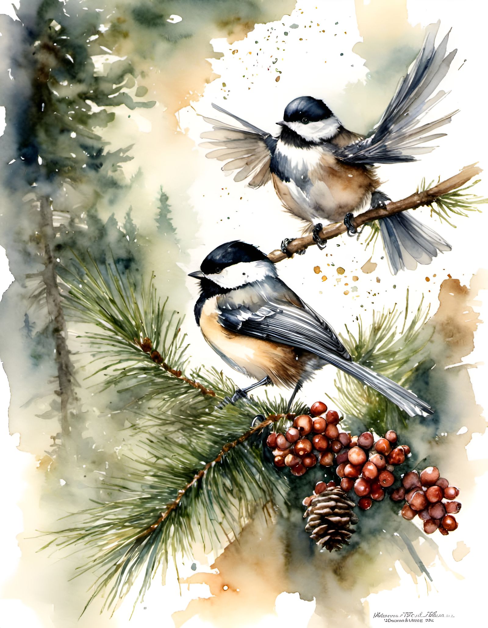 <lora:WatercolorMix1:1.0> Maine state bird the Chickadee with the Maine state flower the White pine cone and tassel