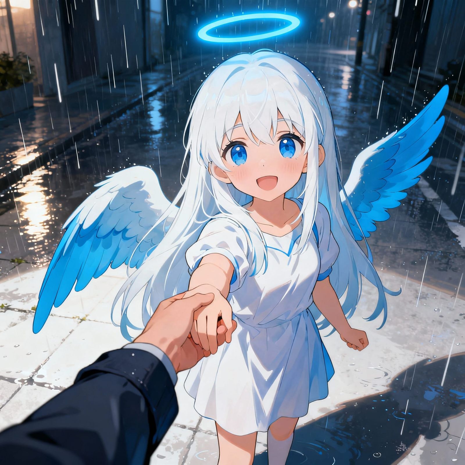 Cute Angel Helping Stranger in Rain