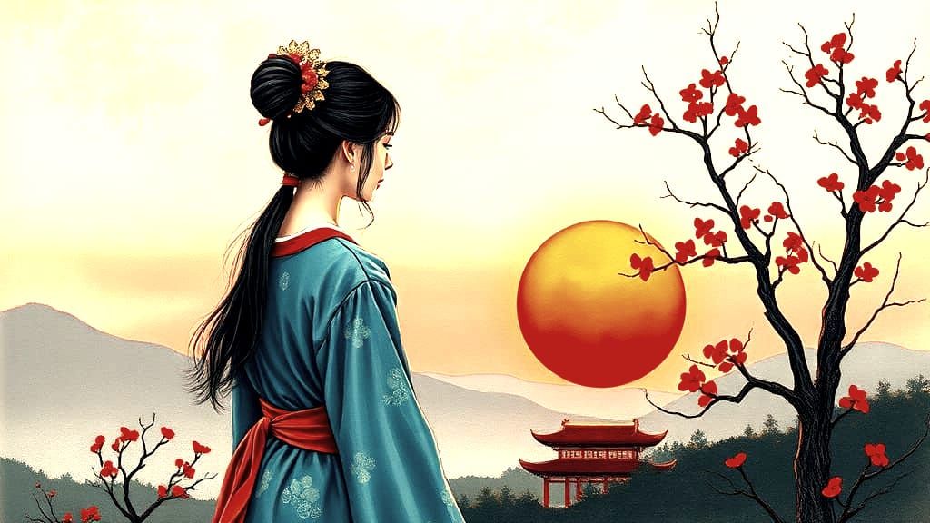 Woman Gazing at Sunset: Folk Art Style