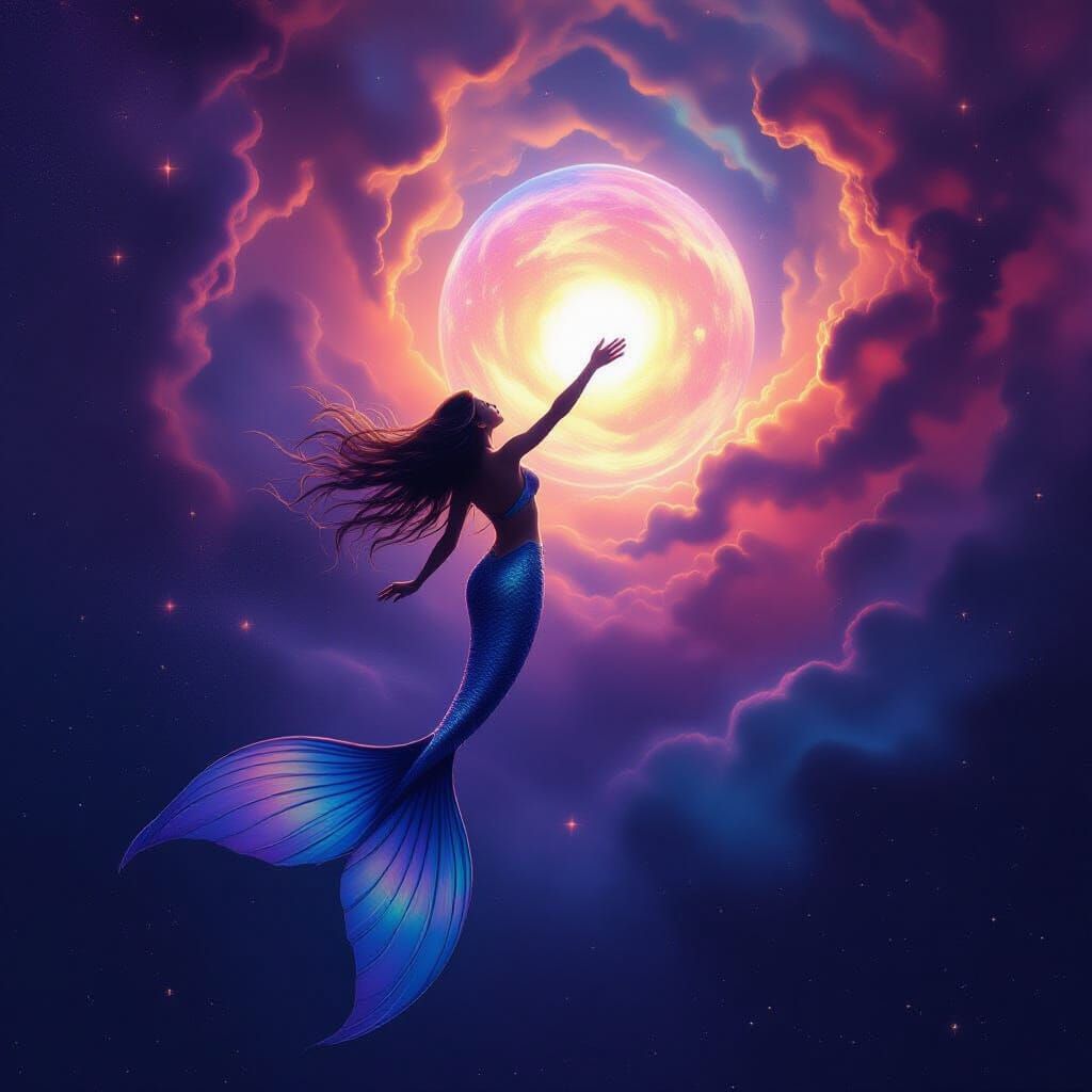 Mermaid Reaches for Planet in Cosmic Nebula