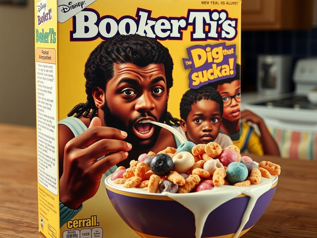 Vibrant Retro Cereal Box Featuring Booker T in the 80s