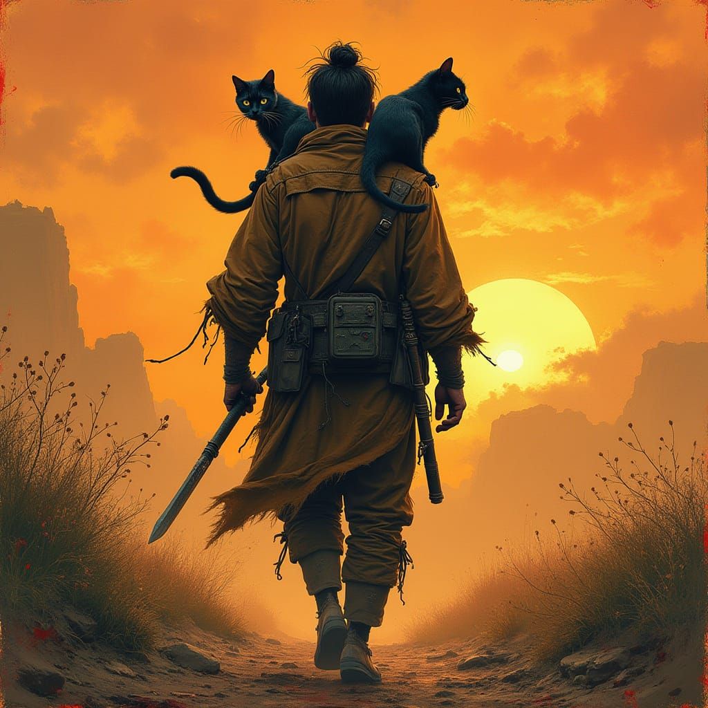 Ronin and Shoulder Cats in Gritty Fantasy Art