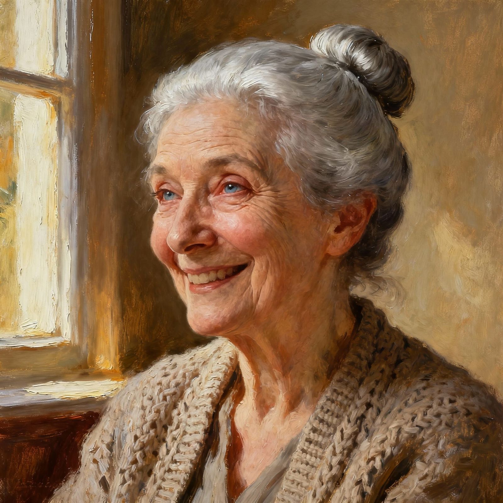 Kind Old Lady with Mischievous Eyes in Impasto Style
