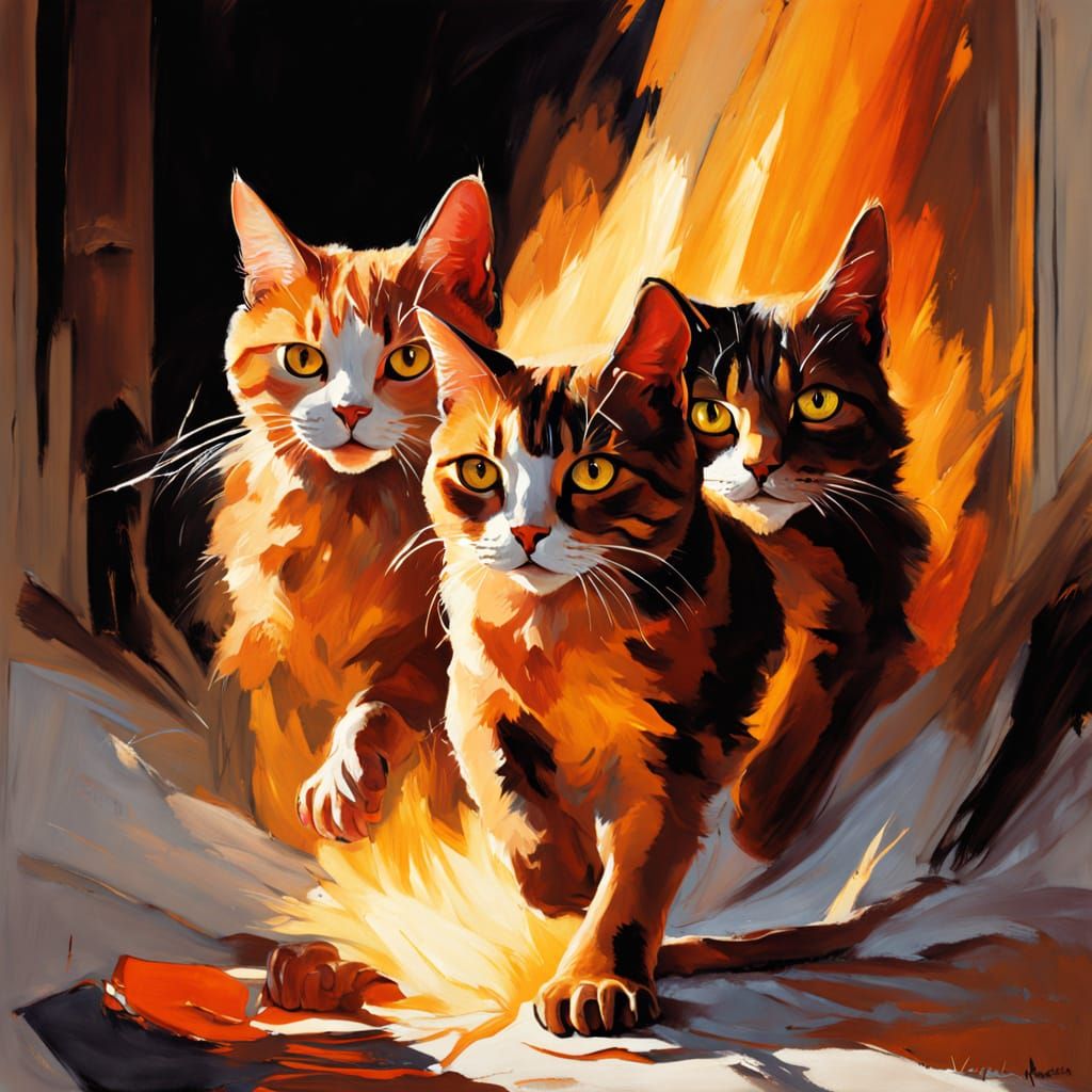 Cats in Flames: Oil Painting of Fiery Chaos