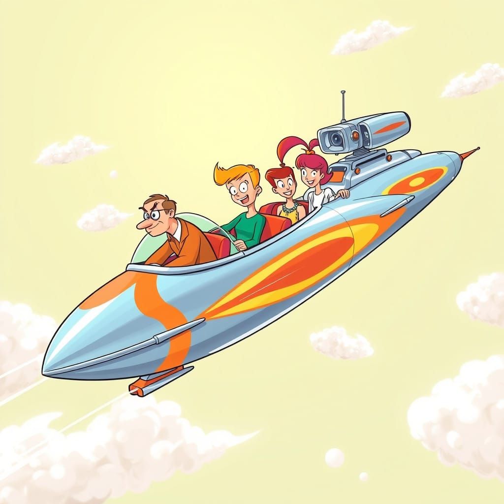 Flying Family Car in Retro-Futuristic Landscape