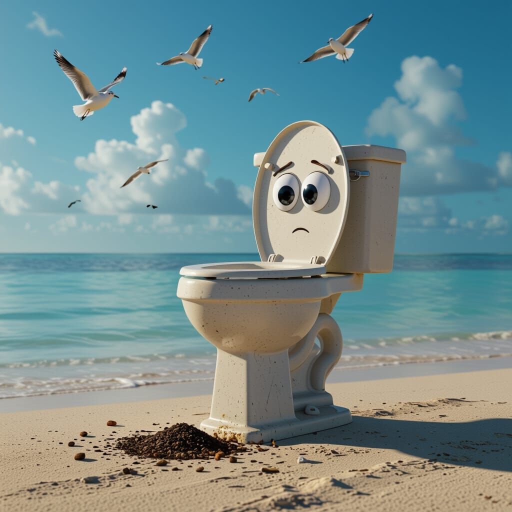 Solitary Toilet with Sad Eyes on Deserted Island