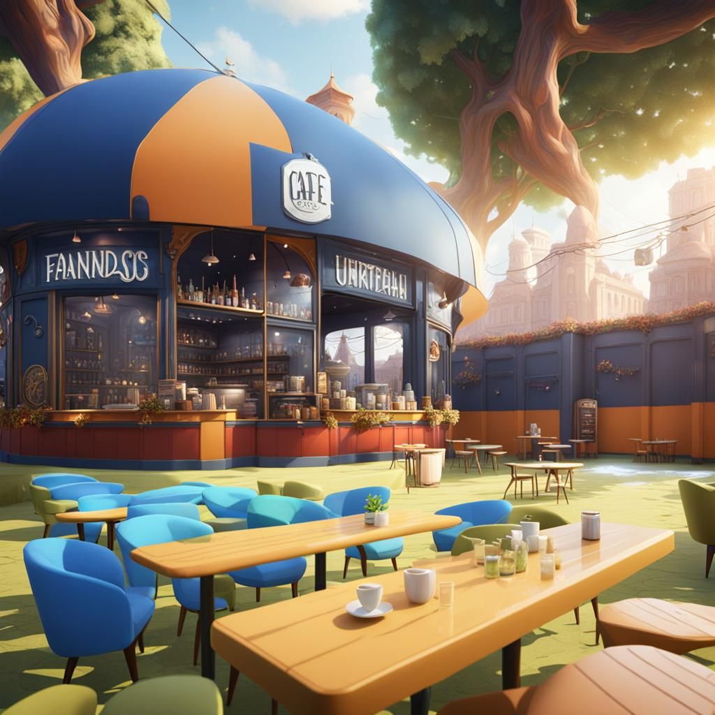 Fantastical Cafe Scene in Hyperrealistic Color
