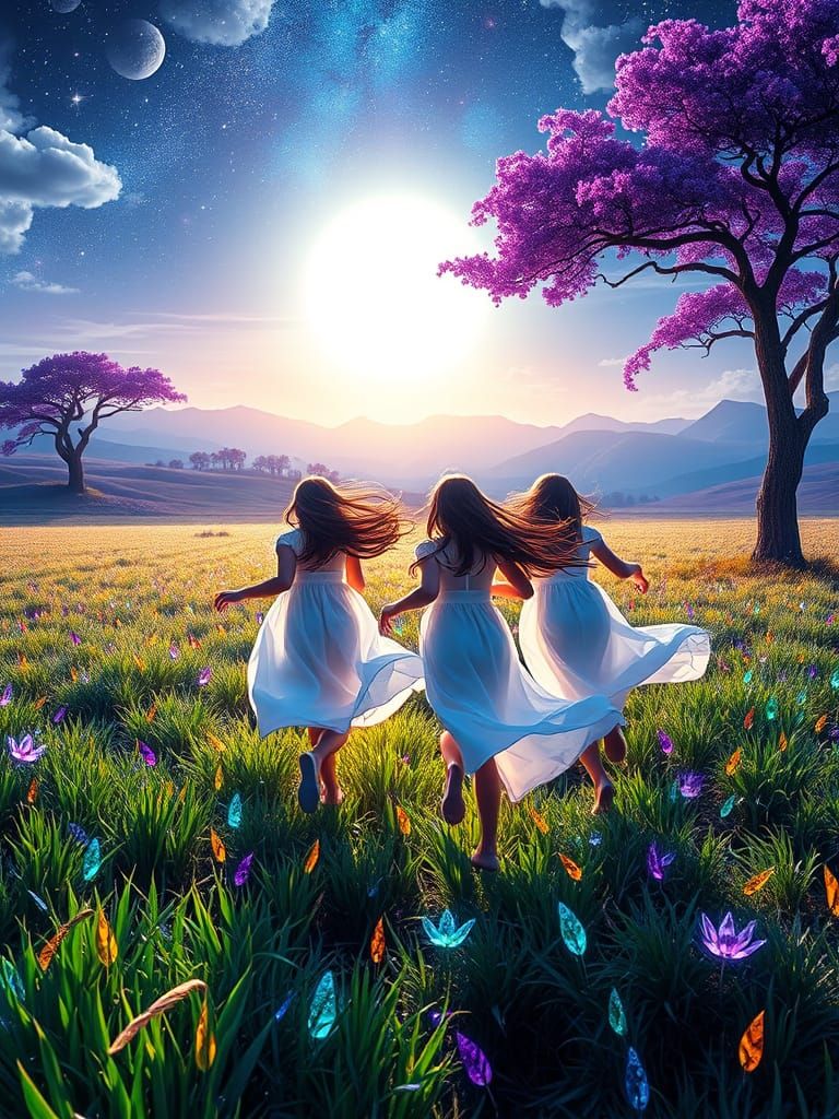 Girls Run Through Bioluminescent Fields in Vibrant, Unreal L...