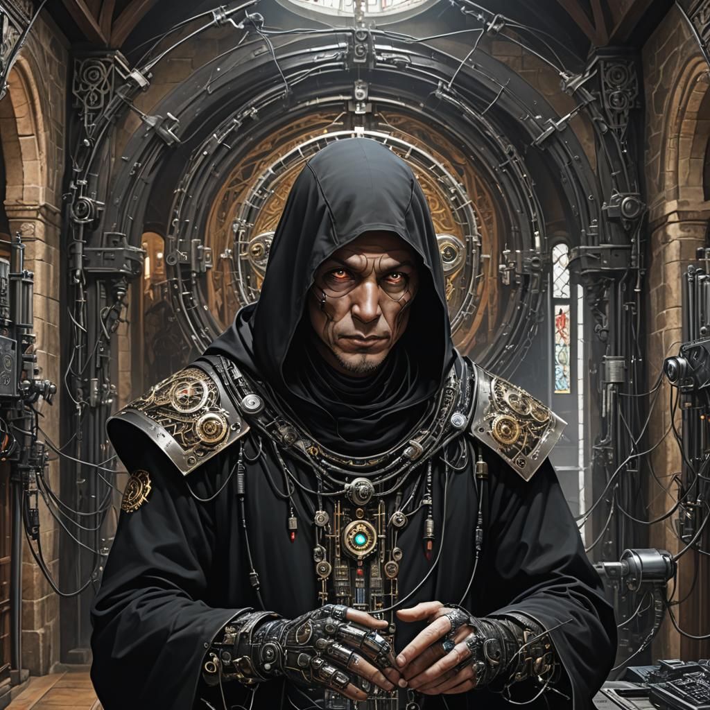 Cyber Monk in Cyberpunk Chapel