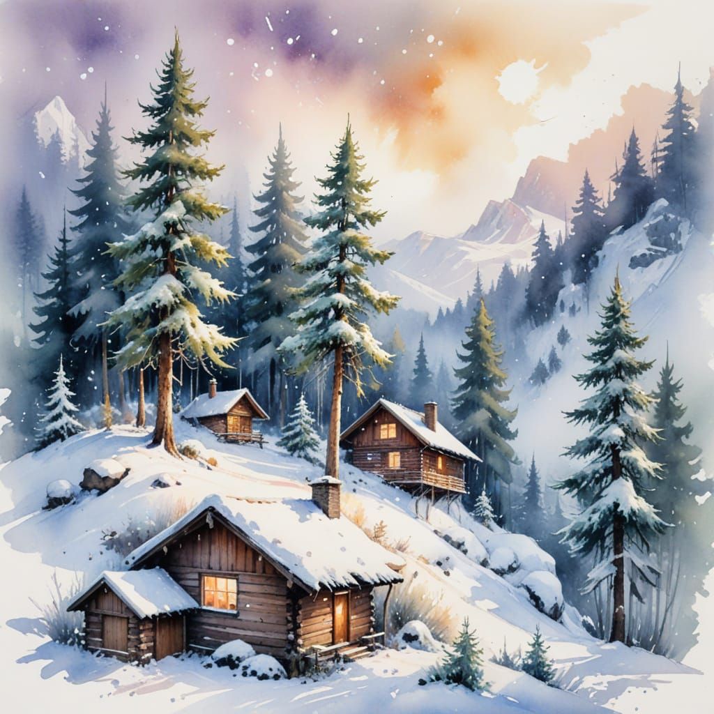 Winter Cabin Landscape in Watercolor Style
