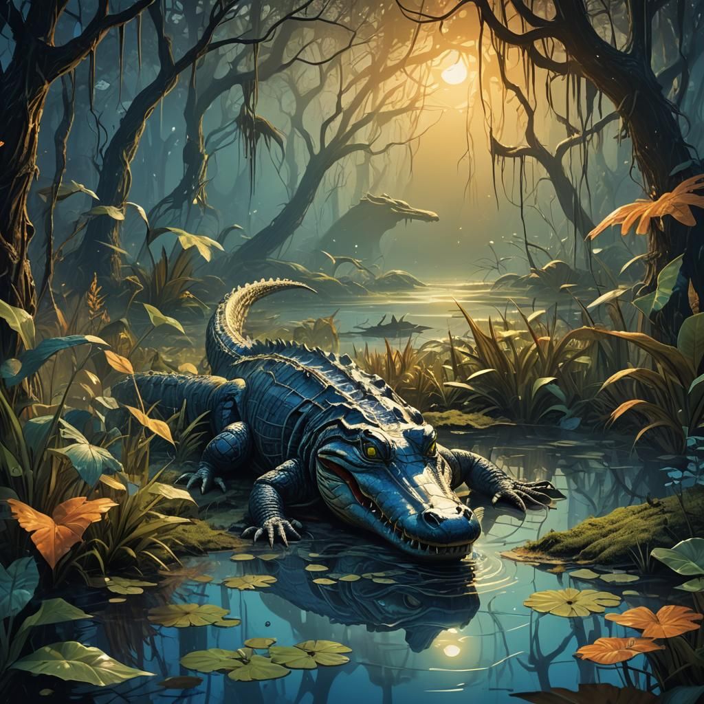 Swampy Alligator Fantasy in Thick Expressive Lines