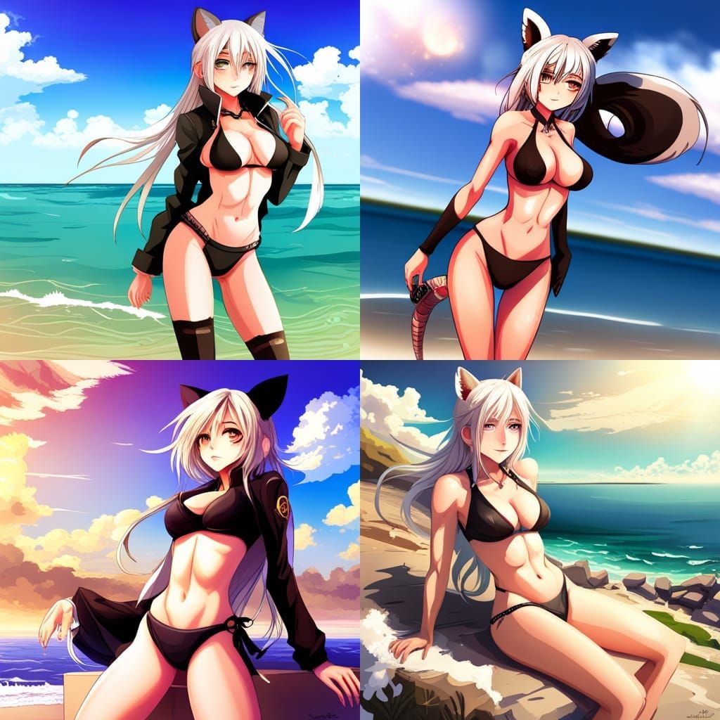 Modern Anime Goddess with Fox Ears and Tail in Daylight Beac...