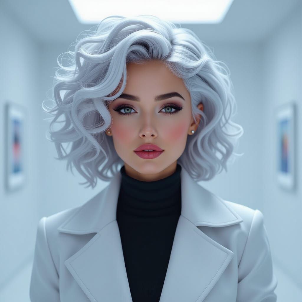 Silver-Haired Woman in White Coat, Digital Art