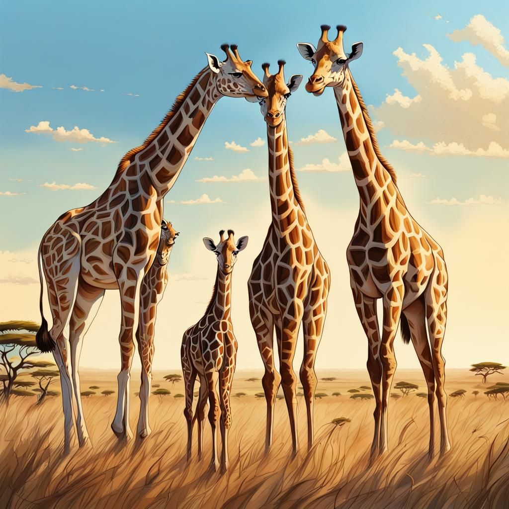 Giraffe Family Standing Tall on a Serengeti Plain