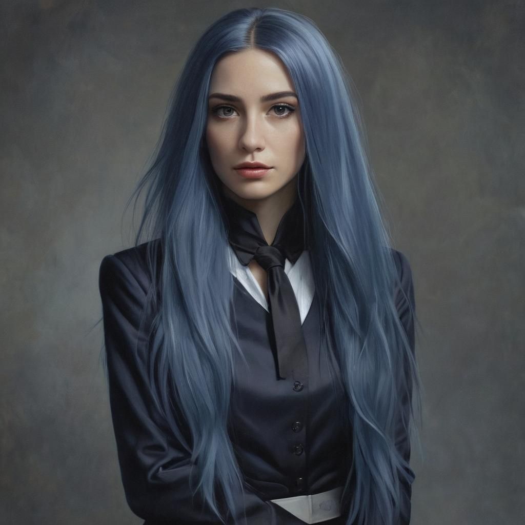 Confident Business Woman with Long Blue Hair in Oil Painting