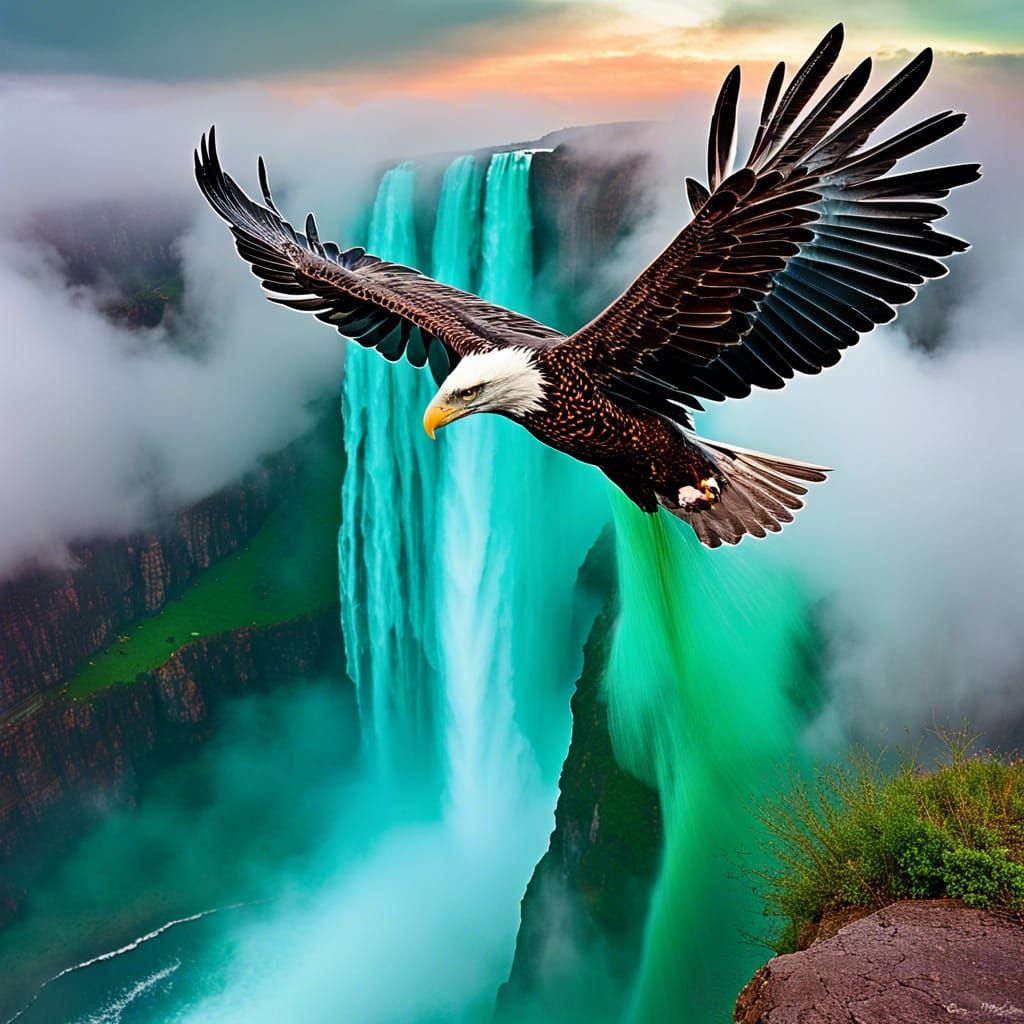 A multilevel colored waterfall plunging 1500 feet with peopl...