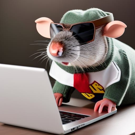 Cute Toy Rat Reads Laptop in a Cozy Setting